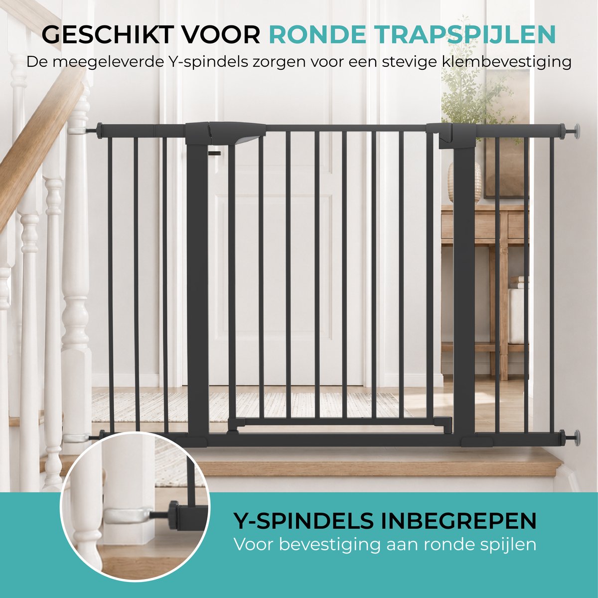 Zwart hondenhek bij ronde trapspijlen, met Y-spindels