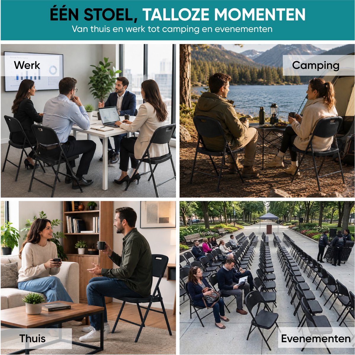 Zwarte klapstoelen bij werk, camping, thuis en evenementen