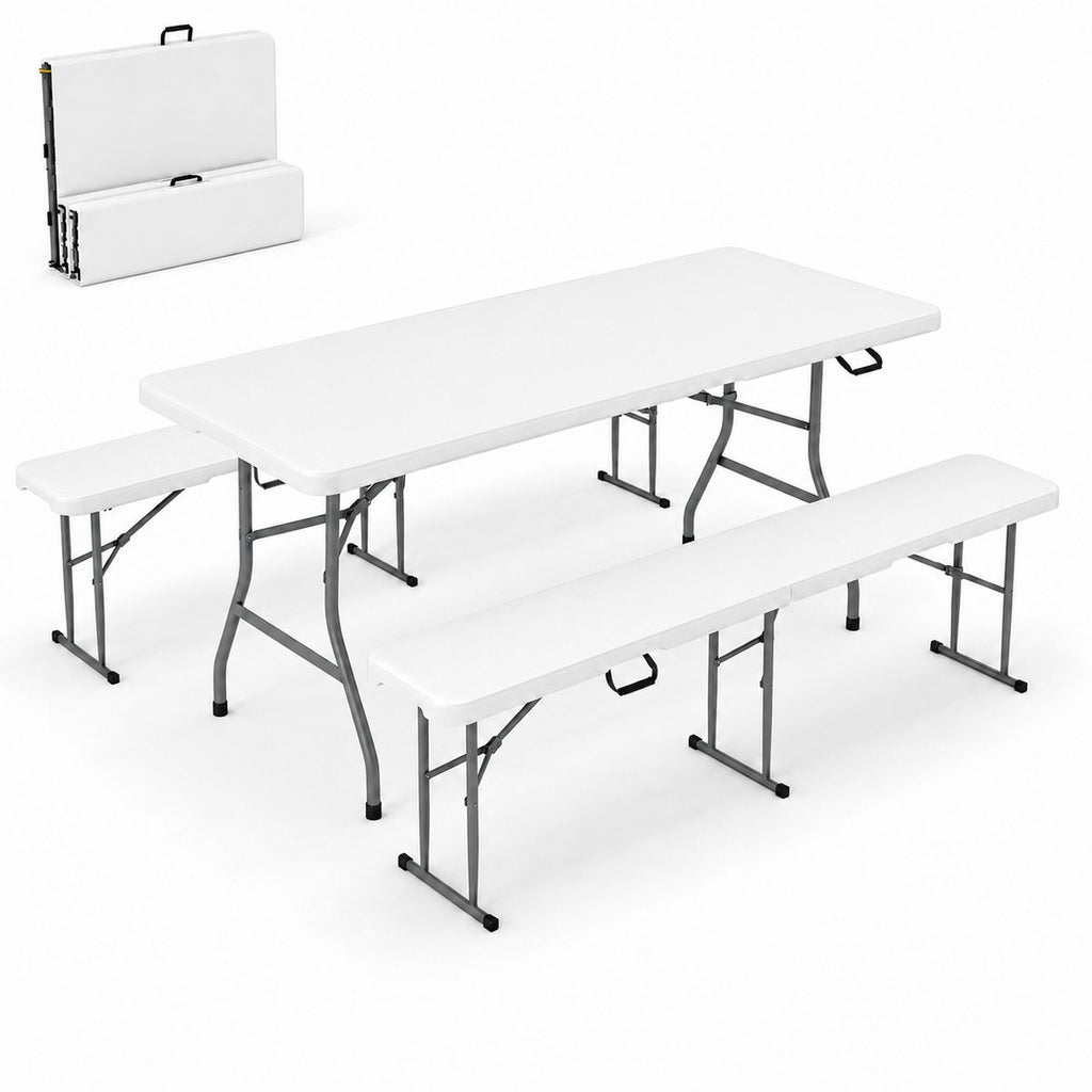 Witte inklapbare tafel met twee tuinbanken en draagkoffer