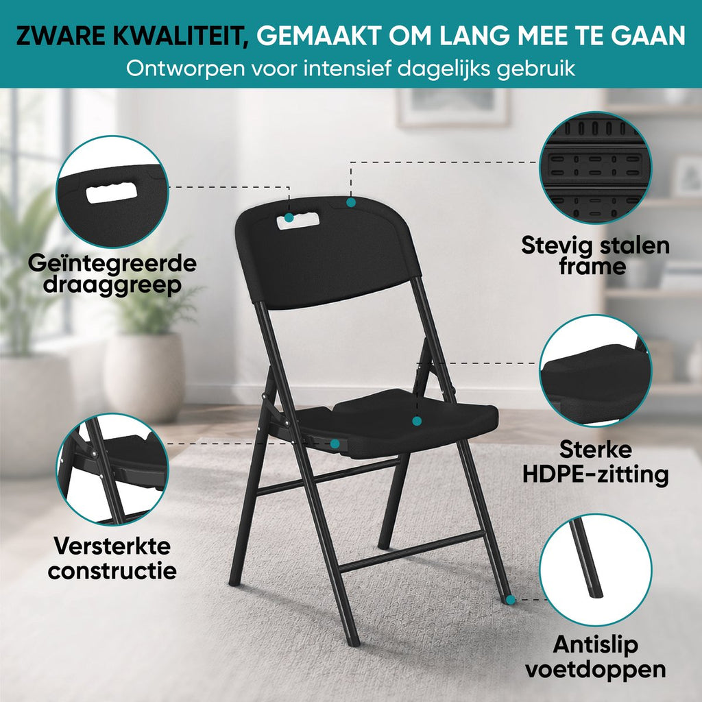 Zwarte klapstoel zware kwaliteit – draaggreep, stalen frame, HDPE-zitting en antislipdoppen