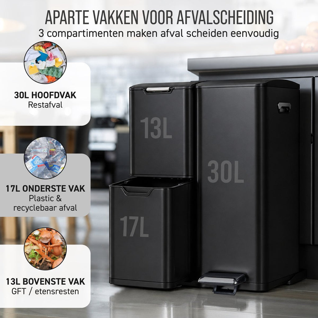 Zwarte afvalscheider – aparte vakken van 30, 17 en 13 L