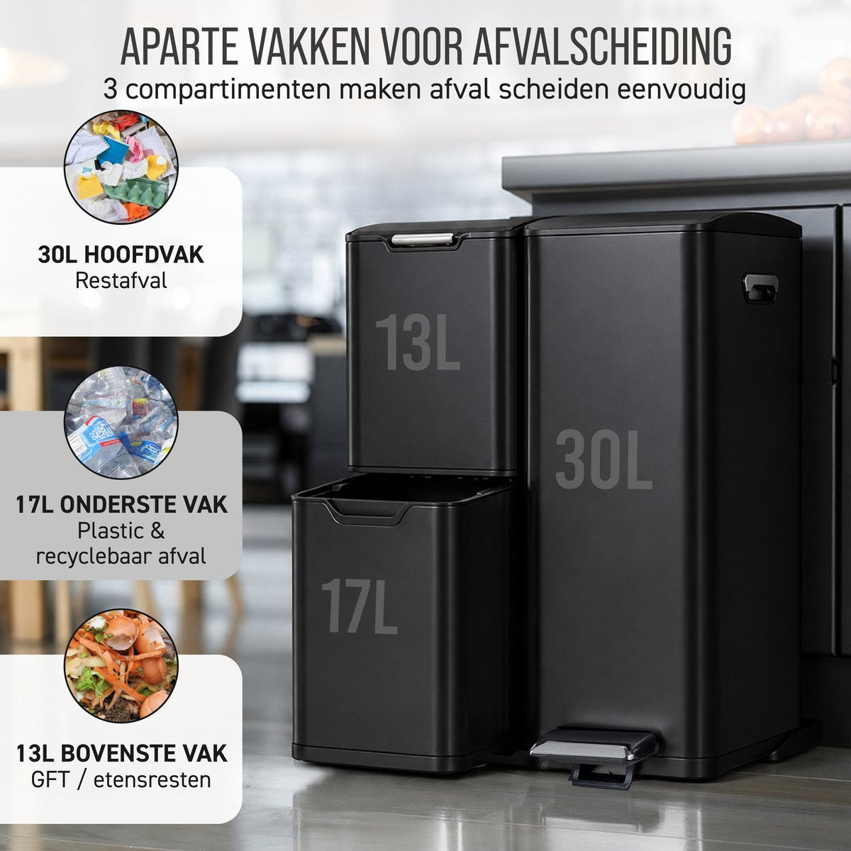 Zwarte afvalscheider – aparte vakken van 30, 17 en 13 L