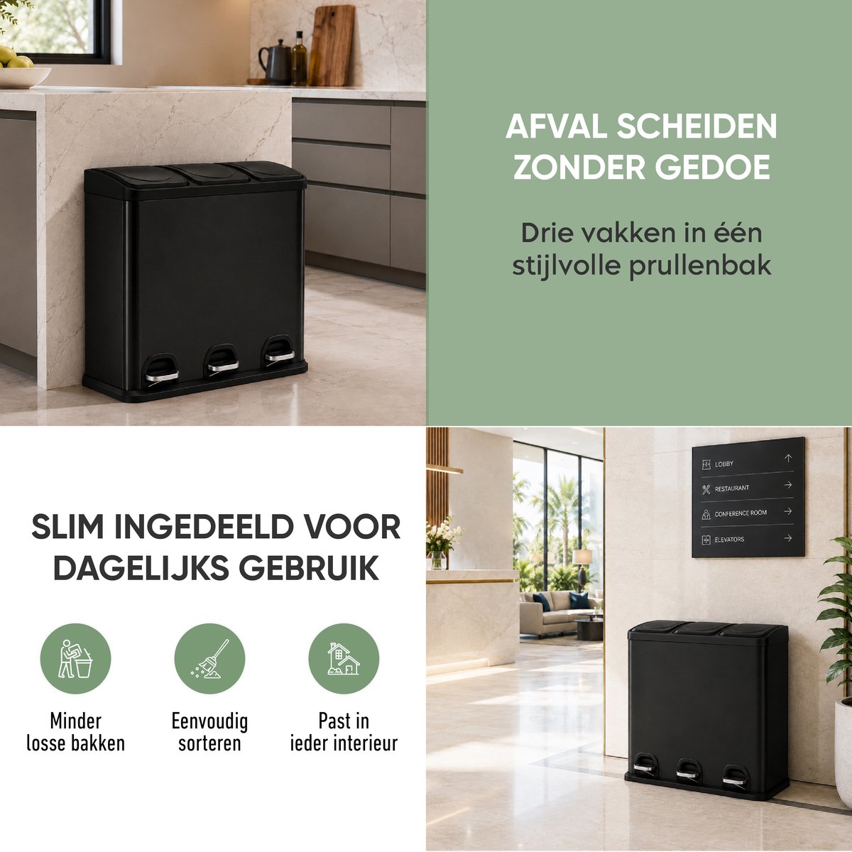 Zwarte afvalscheider in de keuken – slim ingedeeld voor dagelijks gebruik