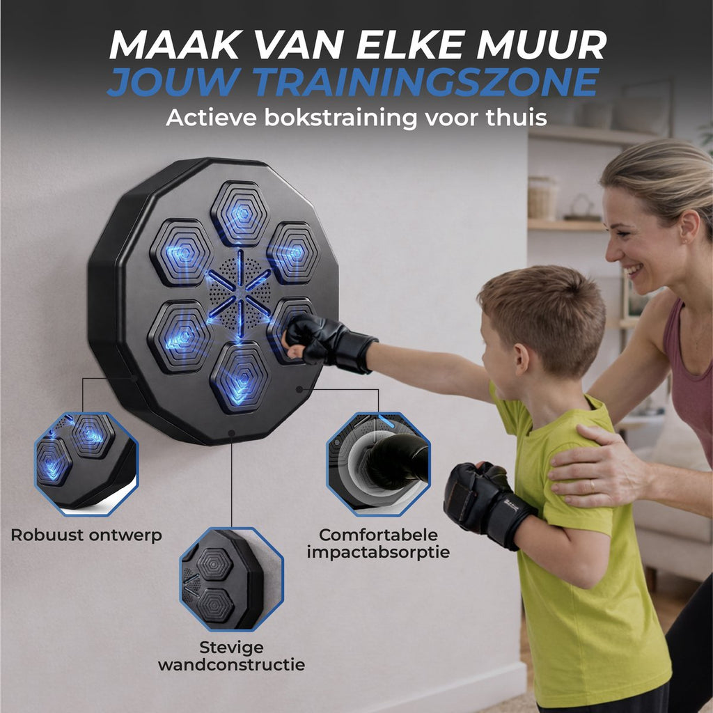 Moeder en kind trainen met de boksmachine aan de muur