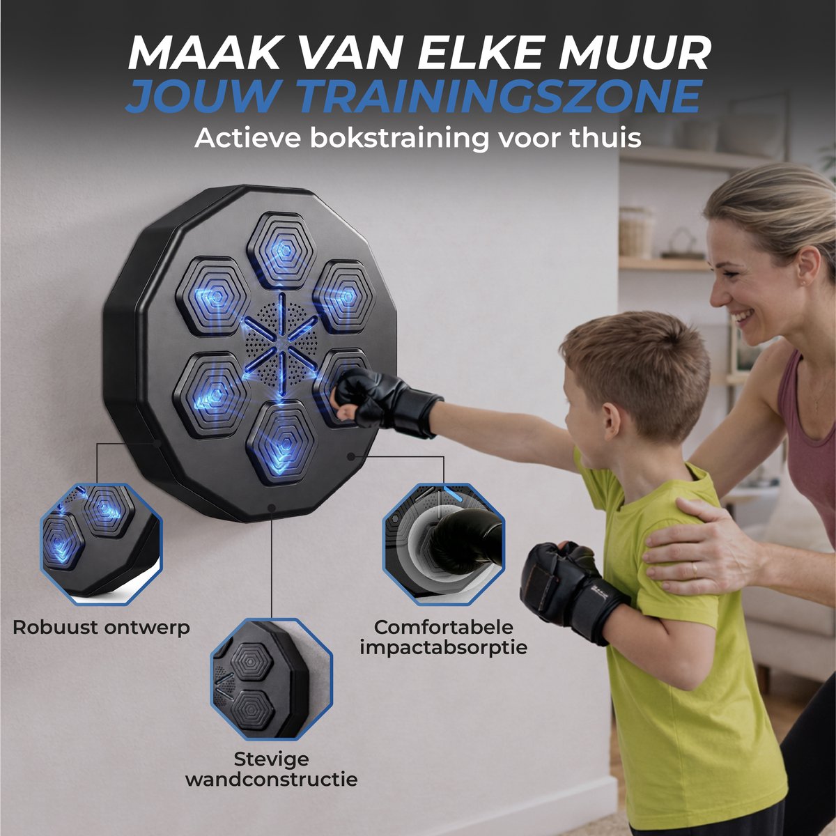 Moeder en kind trainen met de boksmachine aan de muur