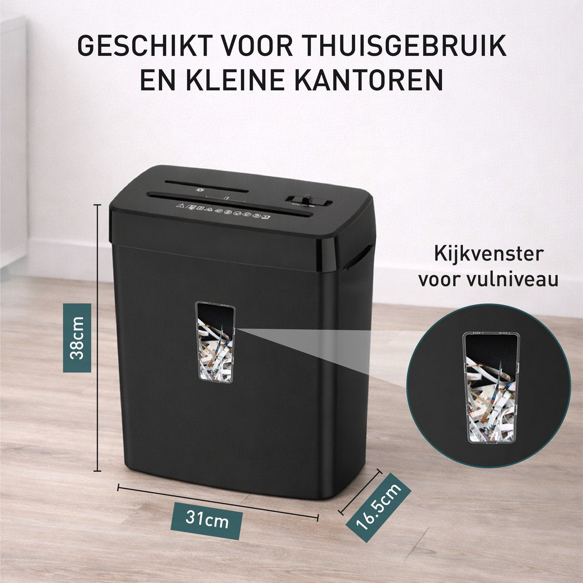 Papierversnipperaar 13 L – afmetingen en kijkvenster