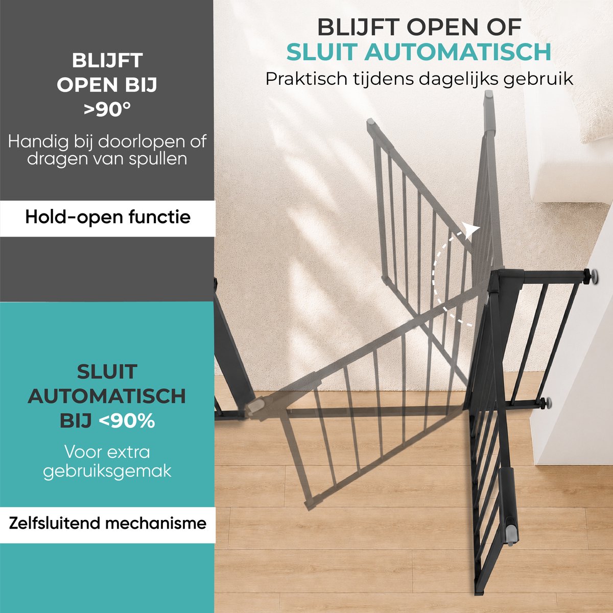 Zwart hondenhek – blijft open boven 90° en sluit onder 90°