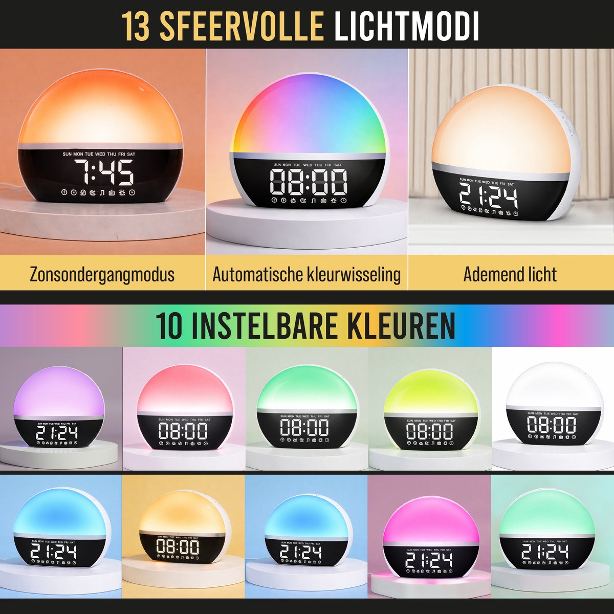 Wake-up light – 13 lichtmodi en 10 instelbare kleuren