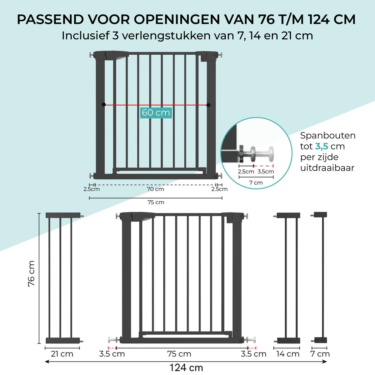 Zwart hondenhek – past in openingen van 76 t/m 124 cm, met afmetingen