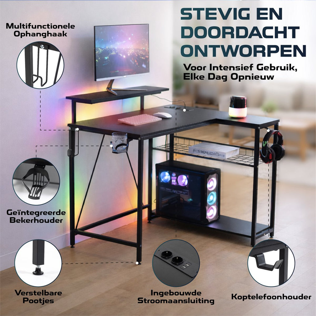 Gamebureau – ophanghaken, bekerhouder, stopcontact en verstelbare poten
