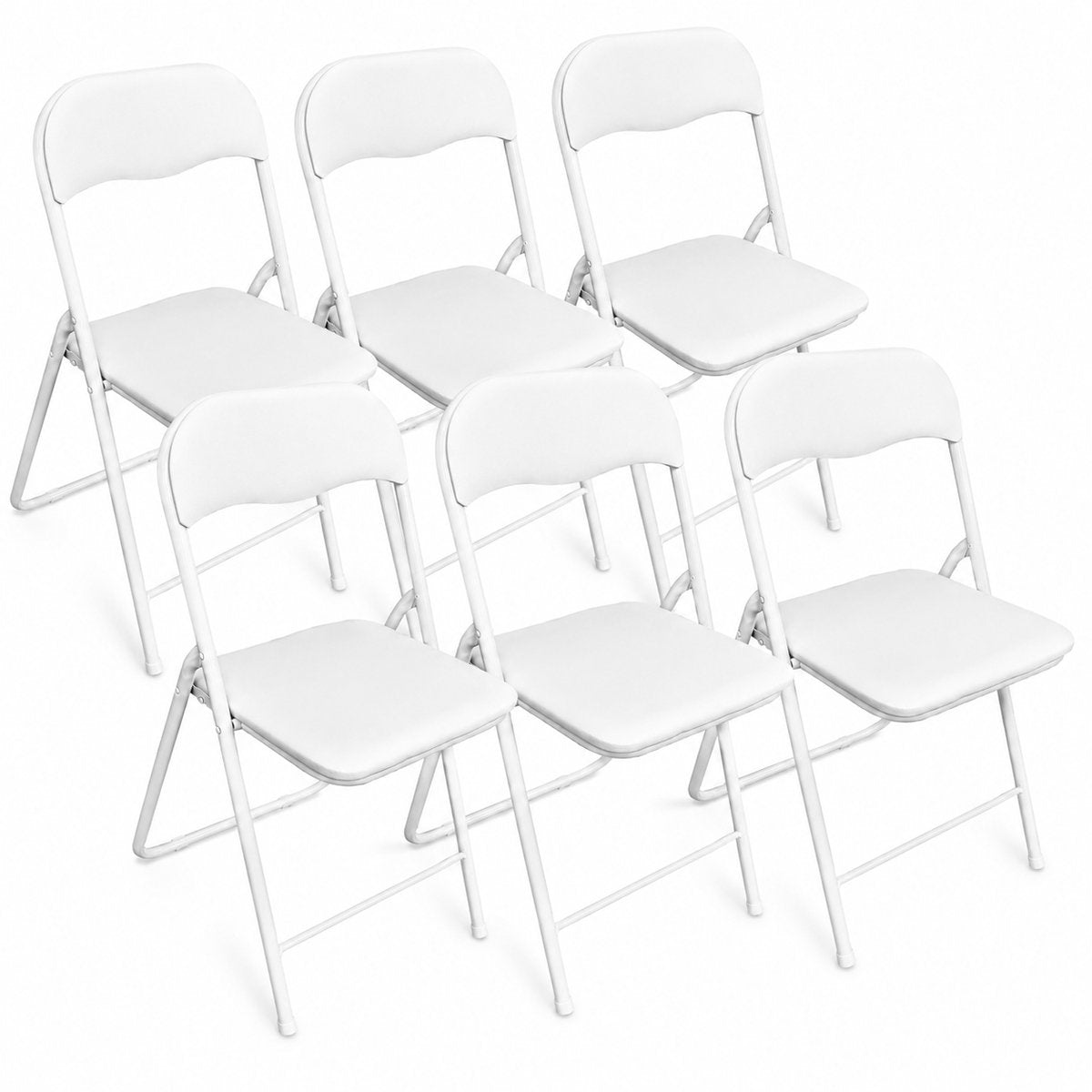 Zes witte klapstoelen met gestoffeerde zitting