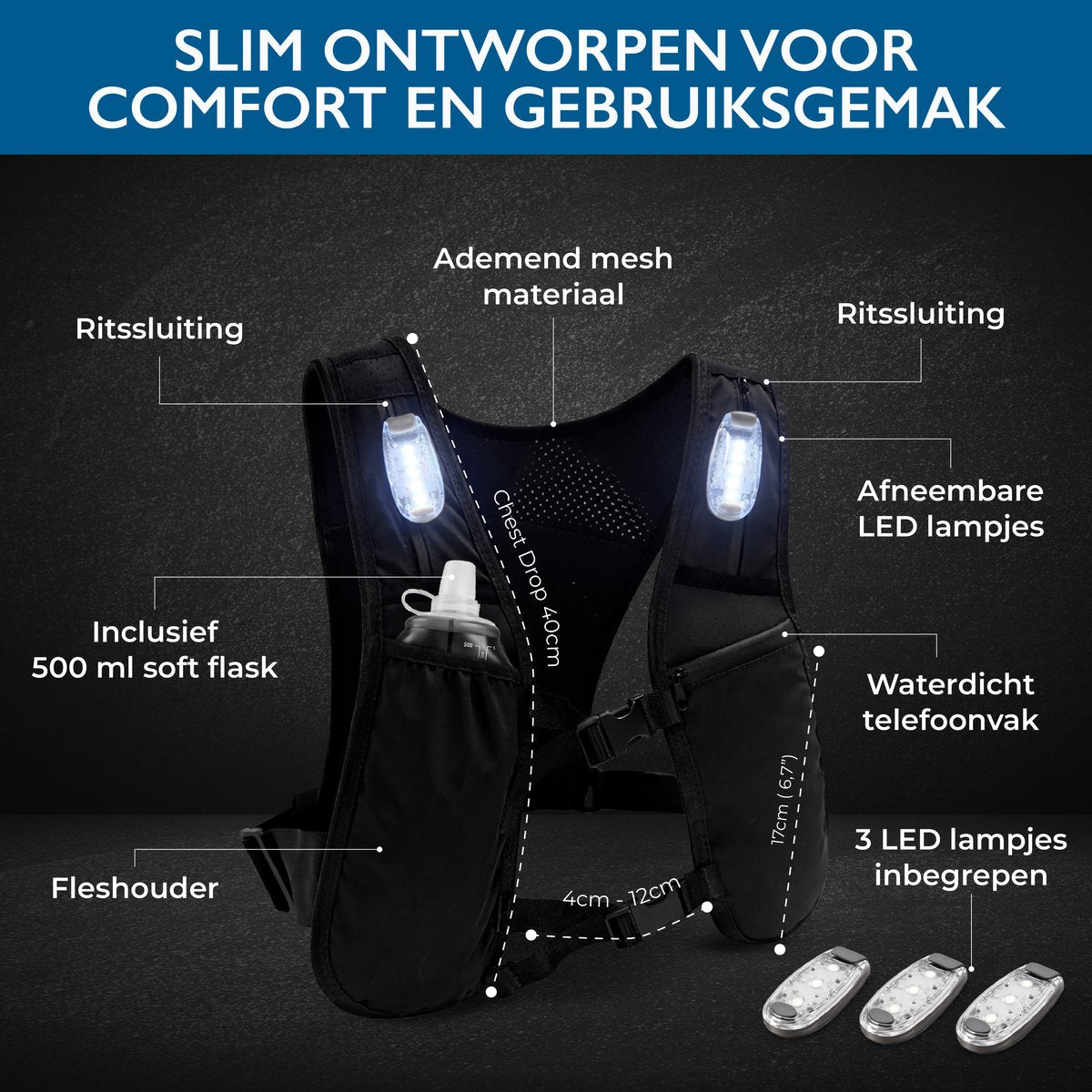 Hardloopvest – onderdelen: ritssluiting, telefoonzak, ledlampjes en drinkfles