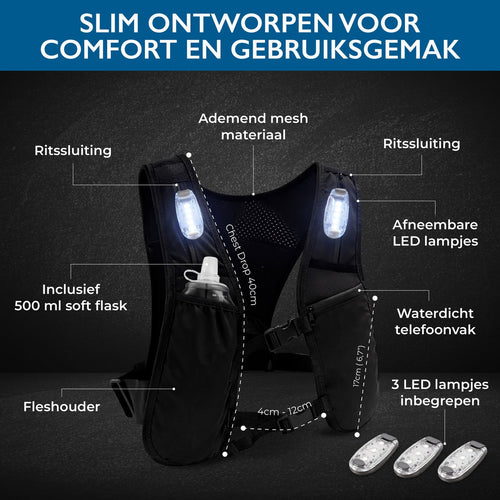 Hardloopvest – onderdelen: ritssluiting, telefoonzak, ledlampjes en drinkfles