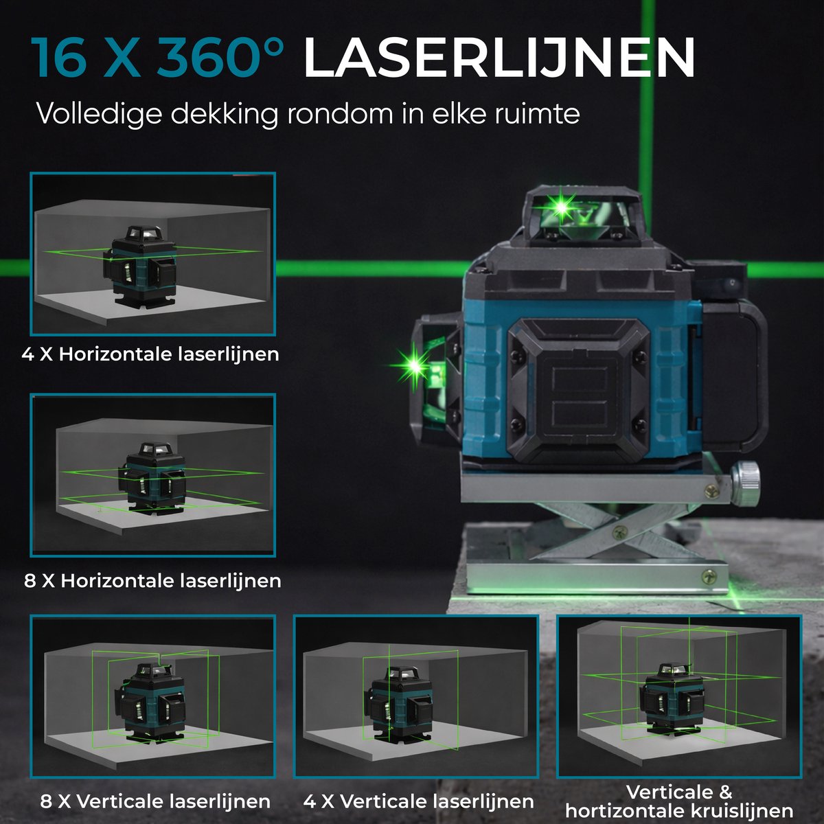 Kruislijnlaser met 16 laserlijnen rondom de ruimte