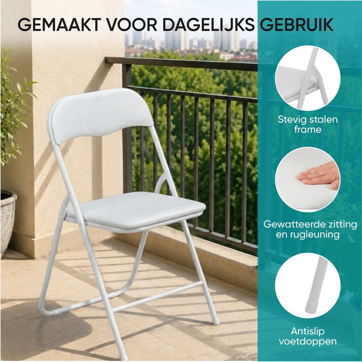 Witte klapstoel op een balkon – frame, zitting en antislipdoppen