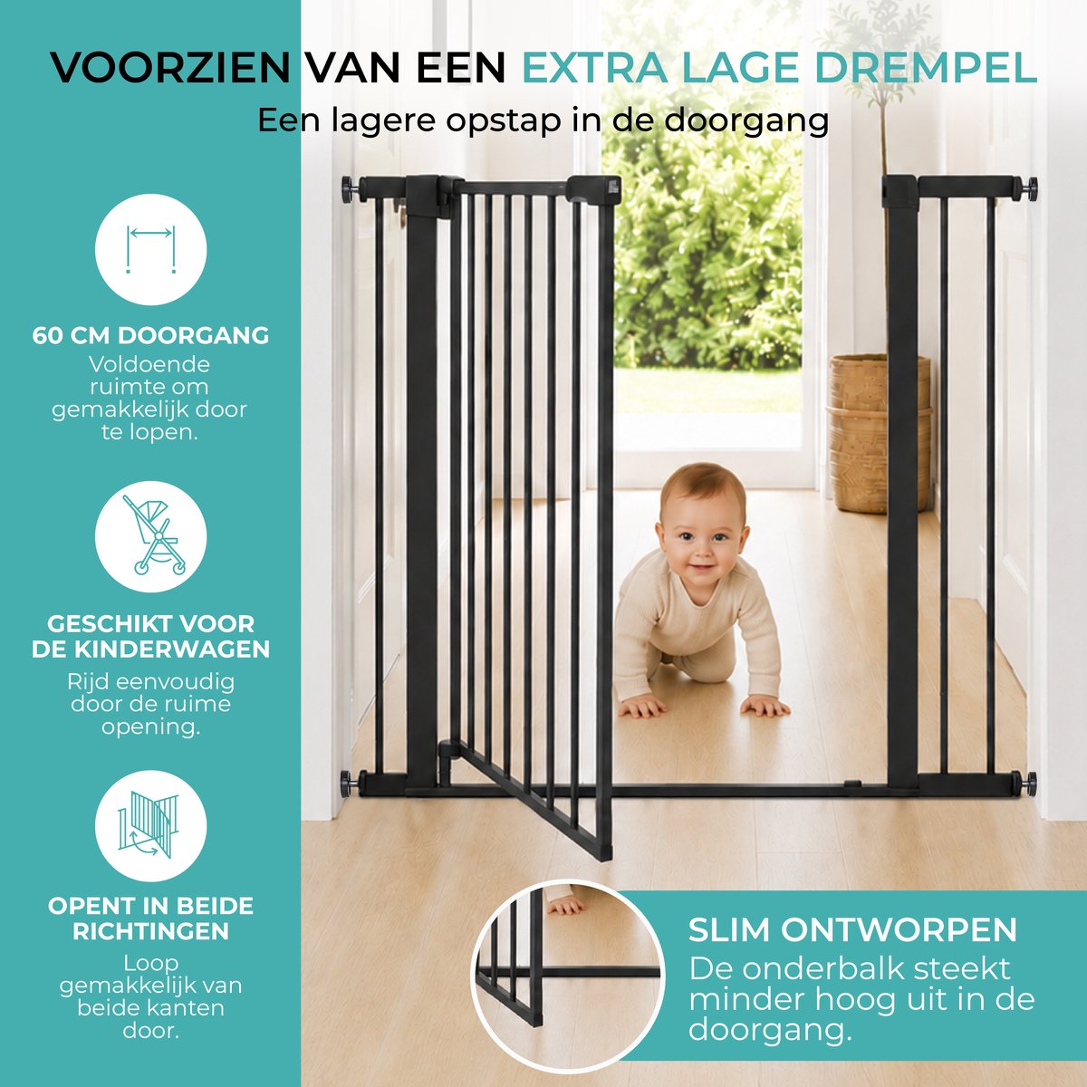 Zwart traphek – extra lage drempel, kind kruipt door de doorgang