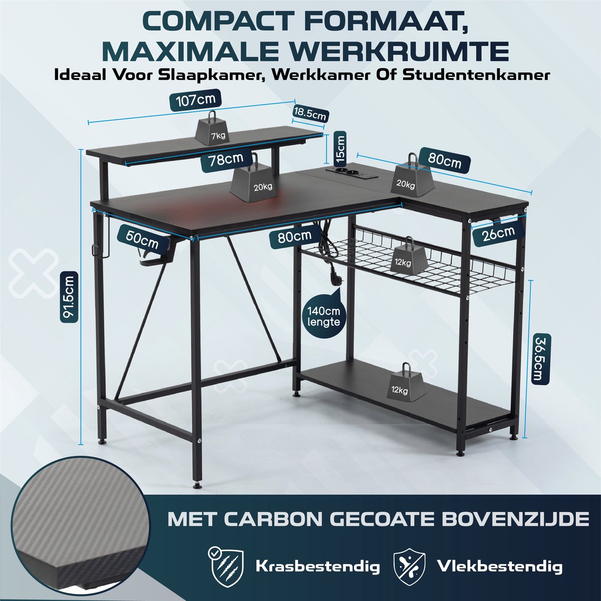 Gamebureau – compact formaat met carbon gecoat bovenblad, met afmetingen