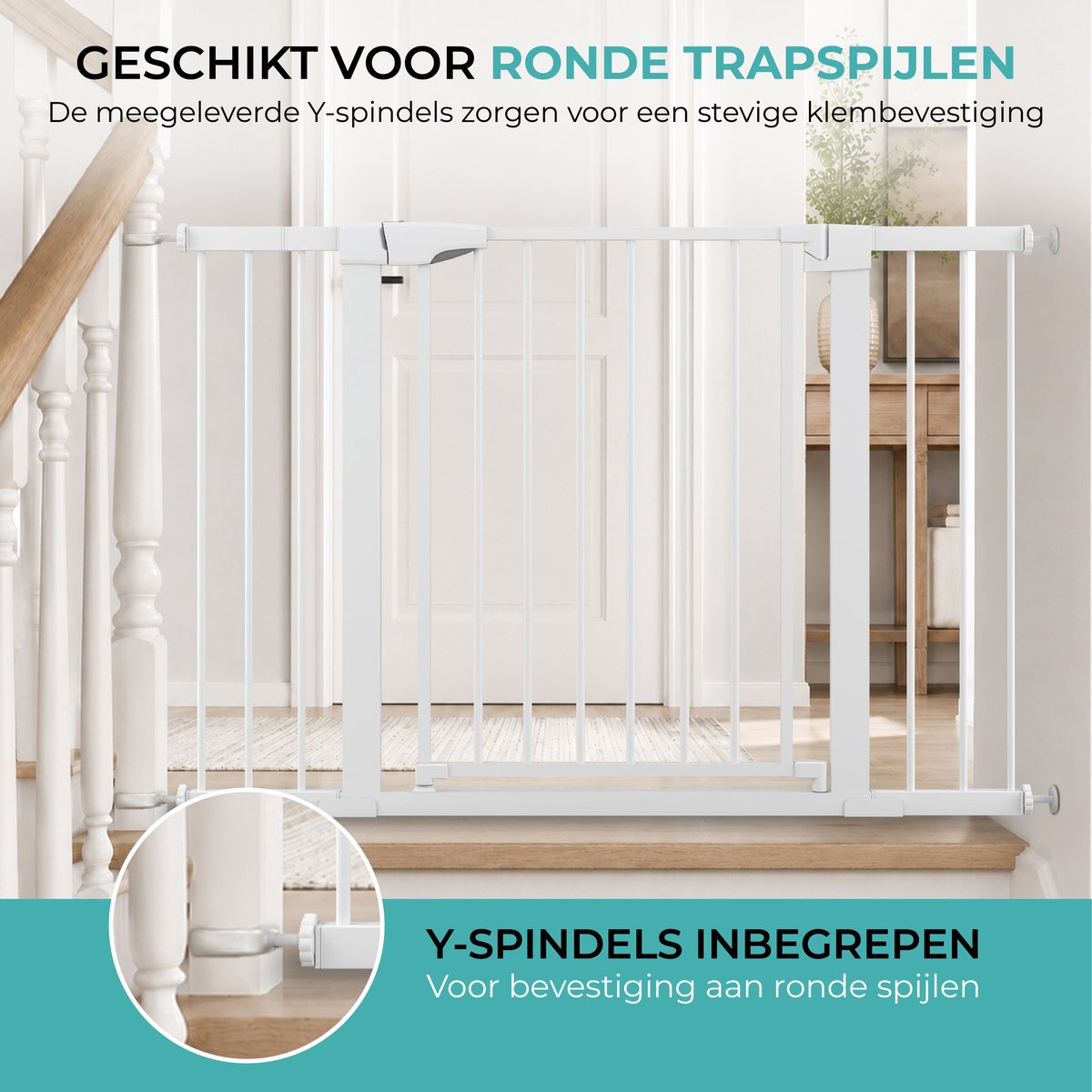 Wit hondenhek bij ronde trapspijlen, met Y-spindels