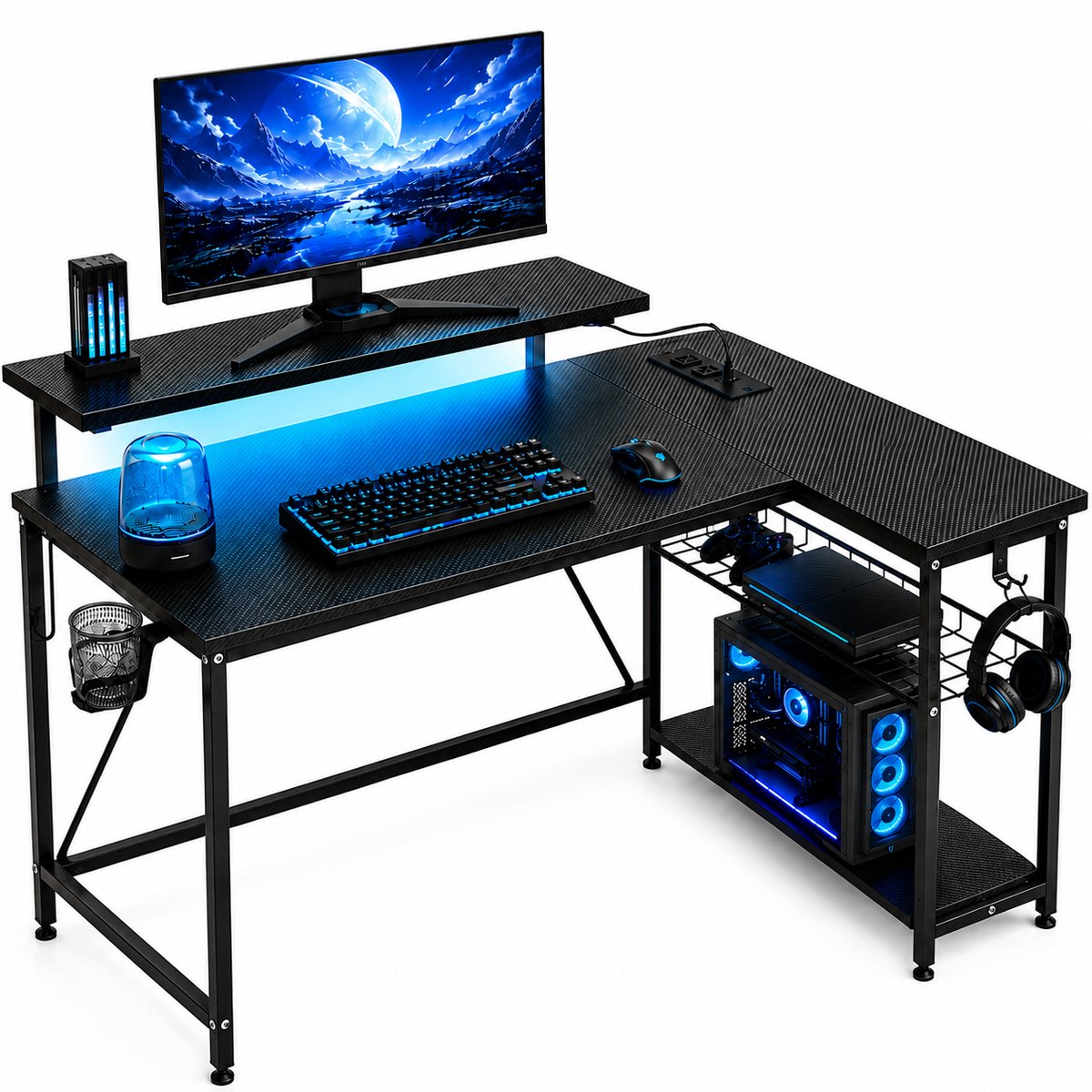 L-vormig gamebureau met monitorverhoging, opbergvakken en ledverlichting