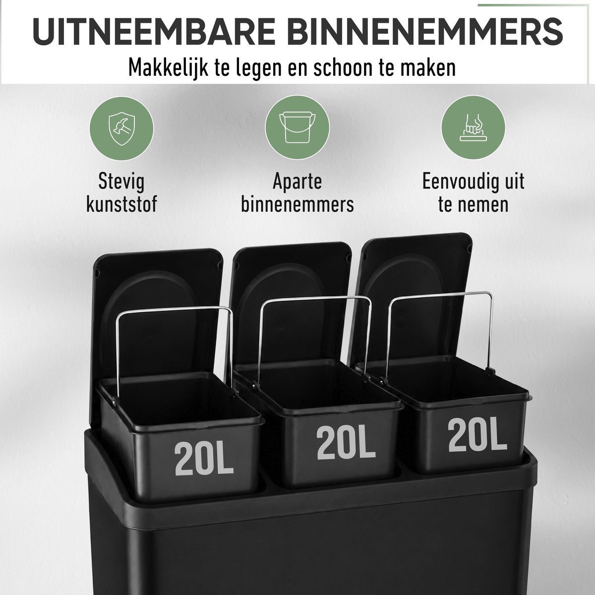 Zwarte afvalscheider – drie uitneembare binnenemmers van 20 L