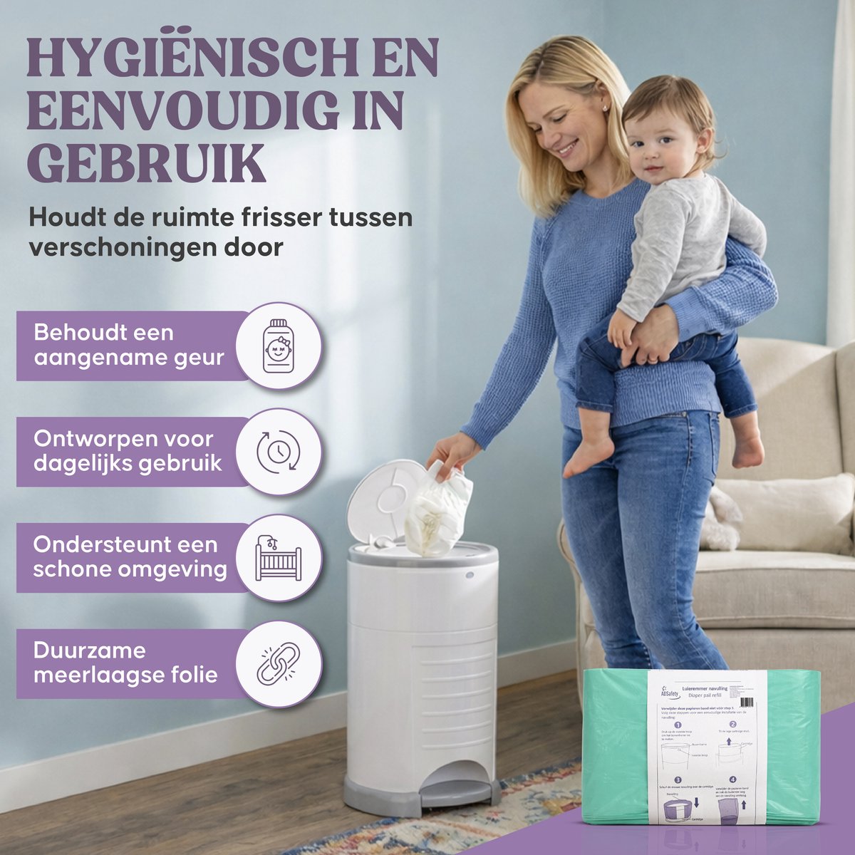 Moeder met kind naast de luieremmer – hygiënisch in gebruik