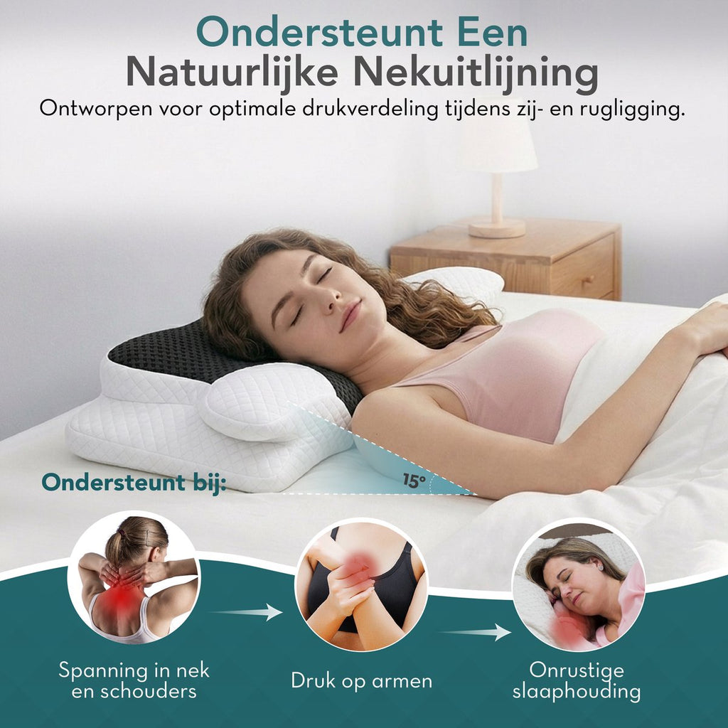 Vrouw slaapt op het zwarte hoofdkussen – ondersteuning van de nek