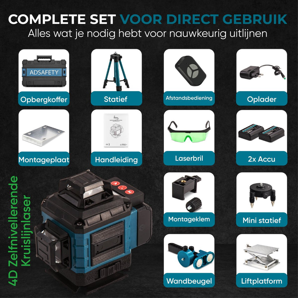 Kruislijnlaser – complete set met statief, koffer, oplader en toebehoren