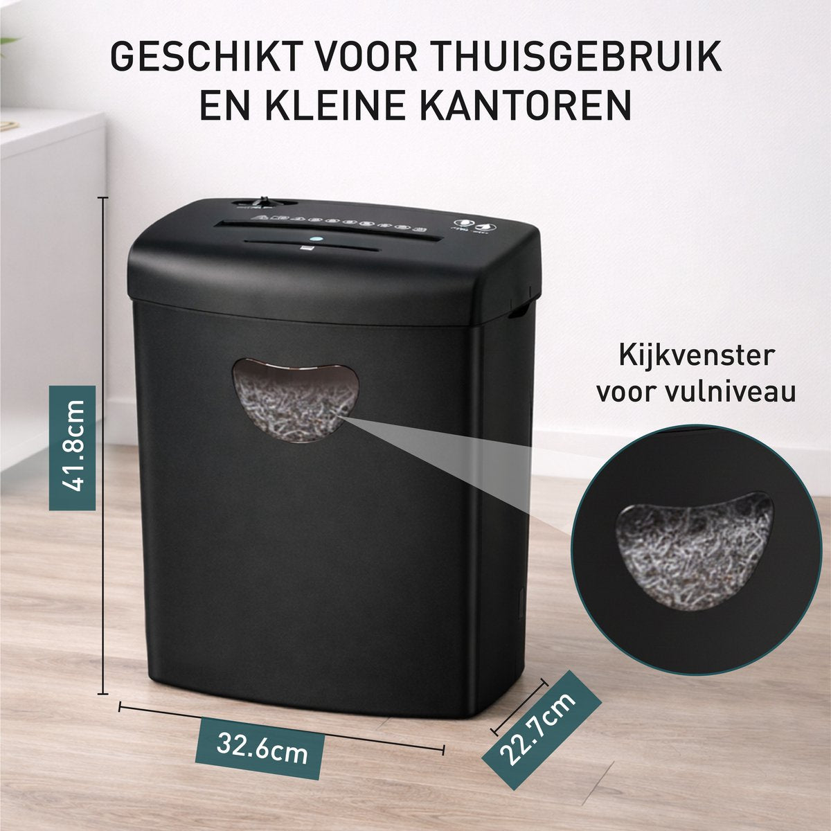Papierversnipperaar 21 L – afmetingen en kijkvenster