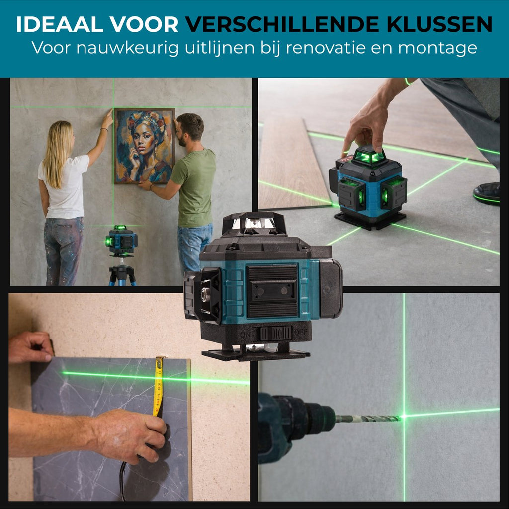 Kruislijnlaser in gebruik bij het ophangen van een schilderij en bij boren