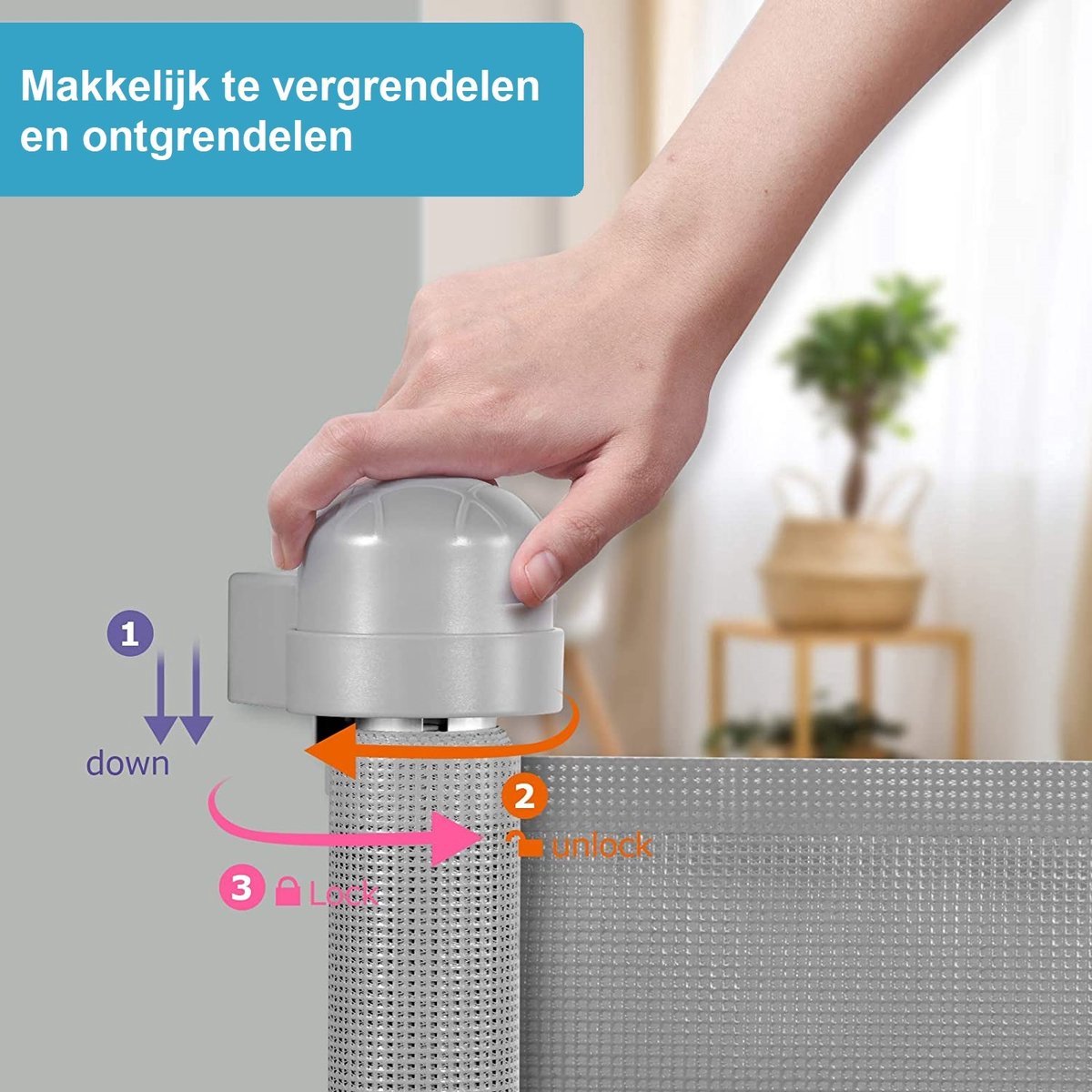Grijs oprolbaar hondenhekje – vergrendelen en ontgrendelen