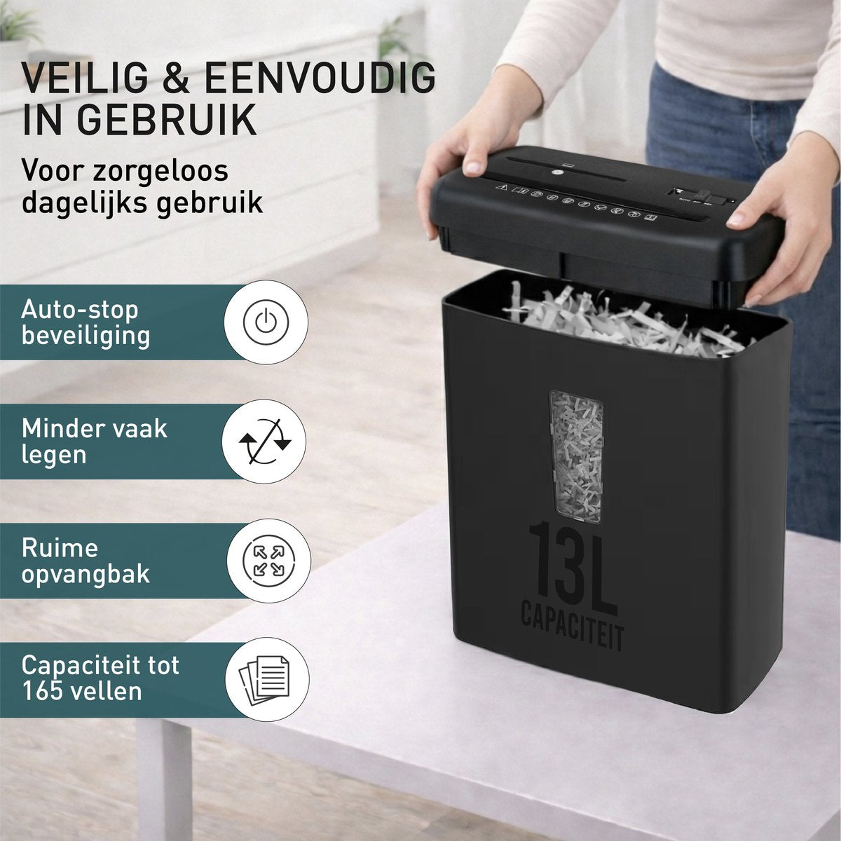 Papierversnipperaar 13 L – auto-stop en ruime opvangbak