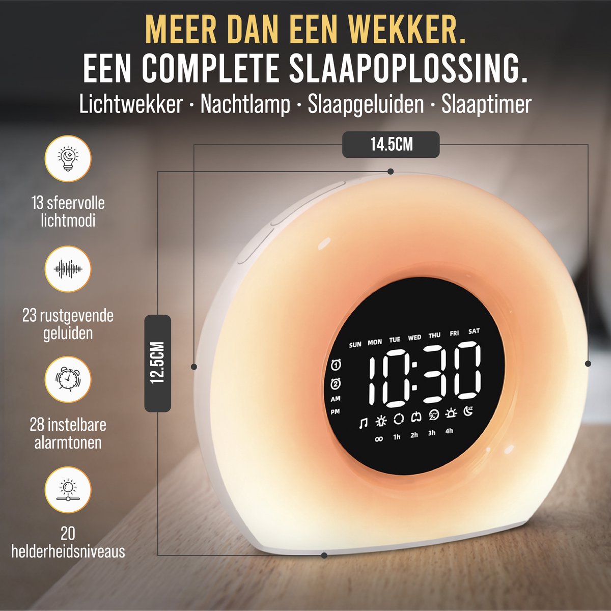 Wake-up light – lichtwekker, nachtlamp, slaapgeluiden en slaaptimer, met afmetingen