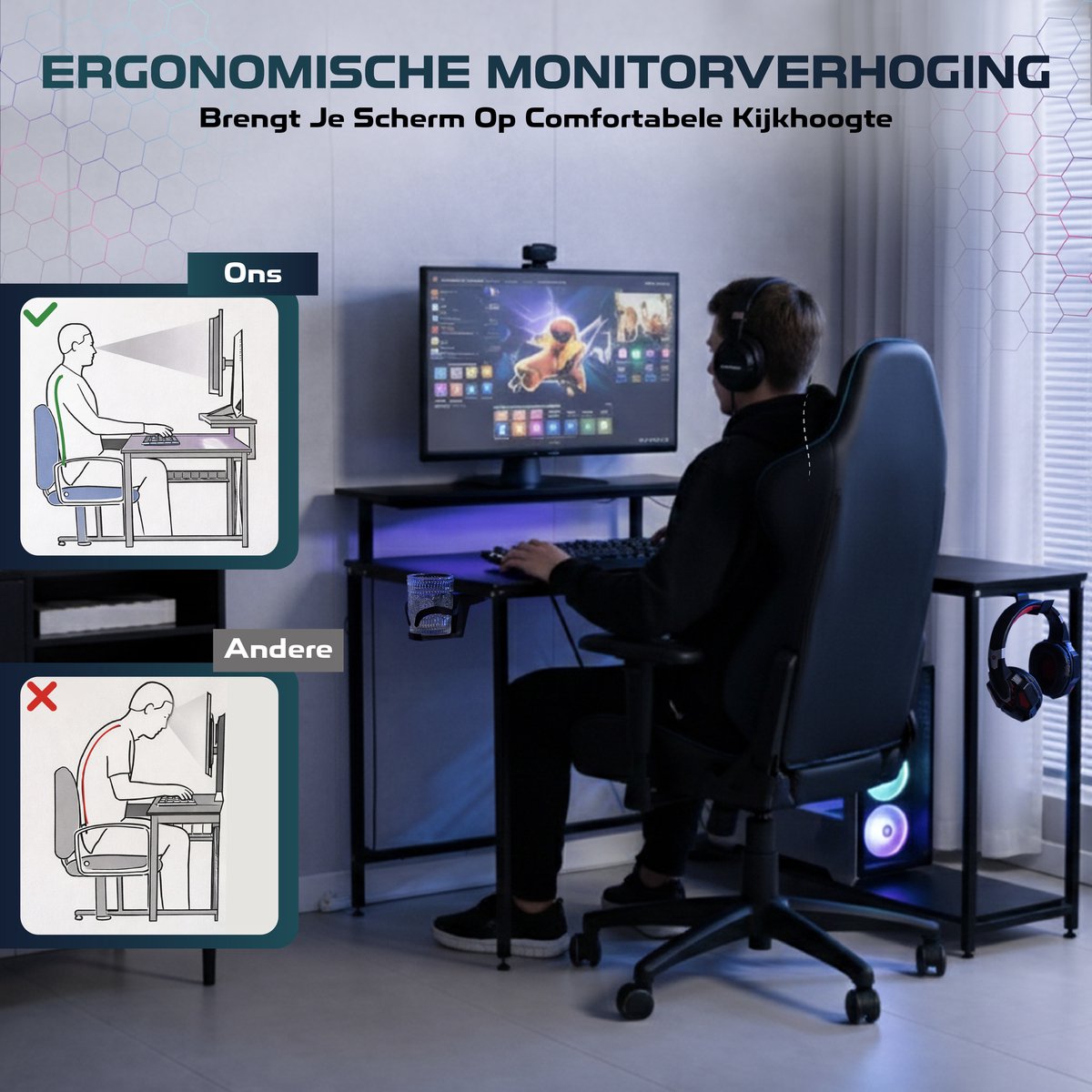 Man aan het gamebureau – monitorverhoging op ooghoogte