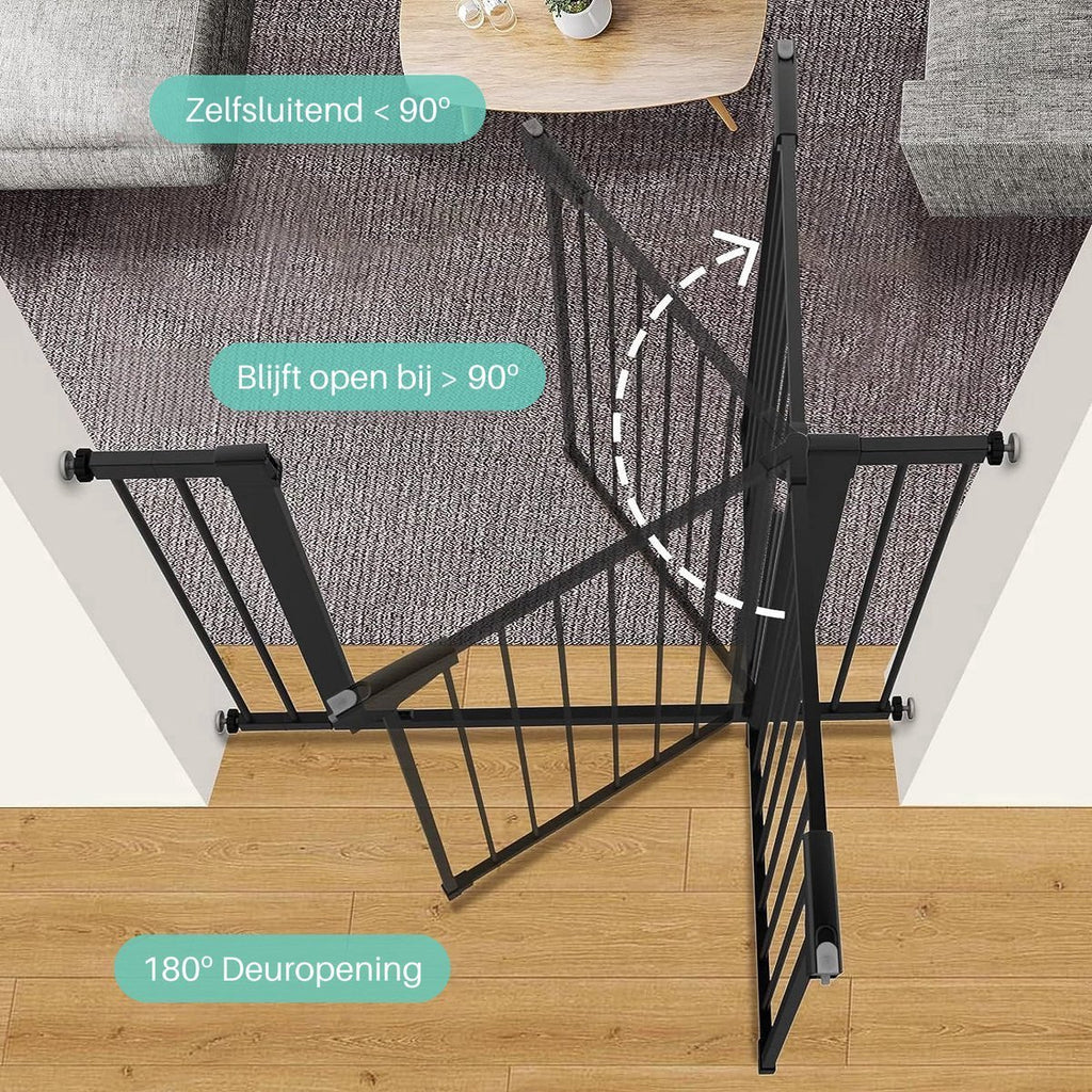 Zwart traphek van bovenaf – deur draait open, met zelfsluitend en open-stand-markeringen