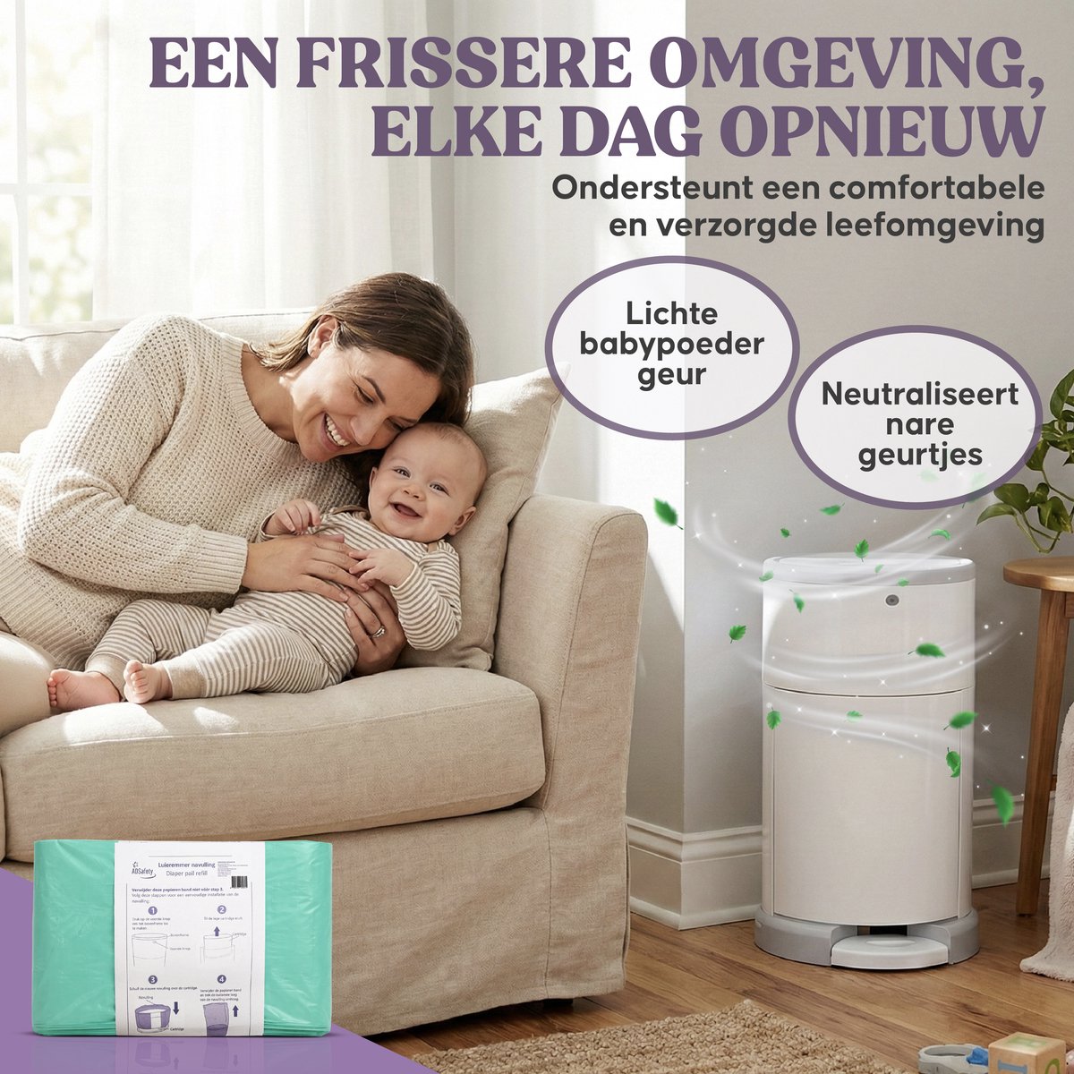 Moeder met baby naast de luieremmer – frissere omgeving