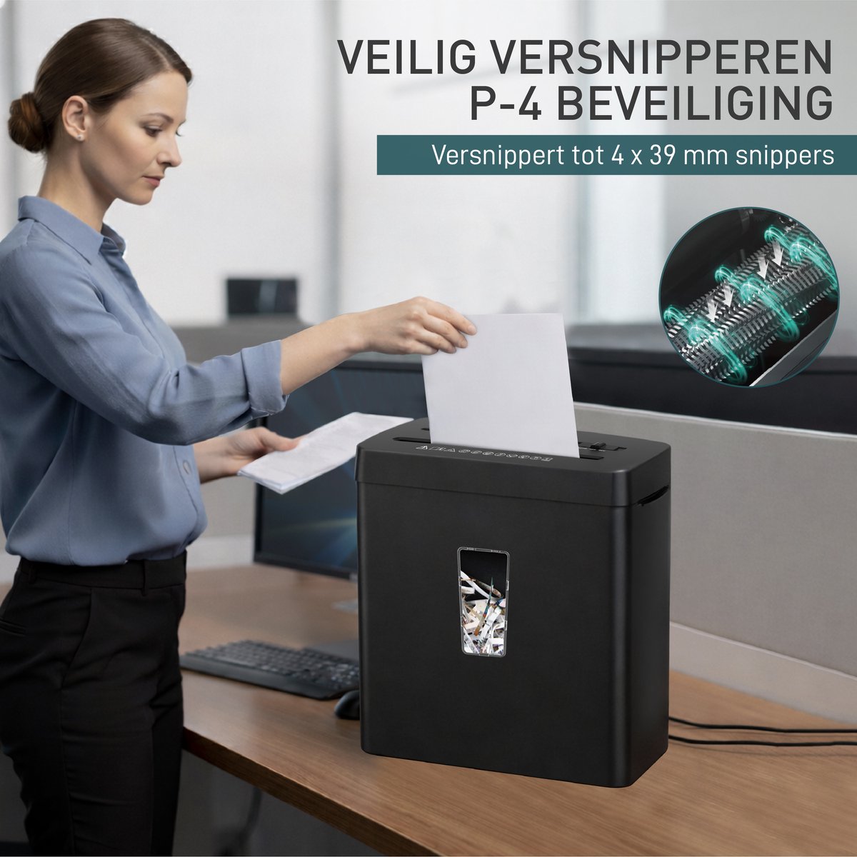 Vrouw gebruikt de papierversnipperaar – veiligheidsniveau P-4