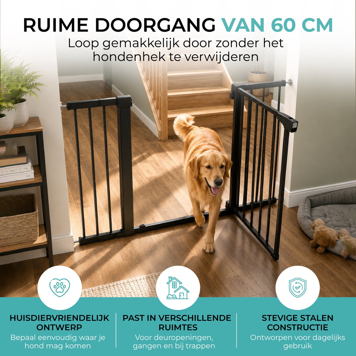 Hond loopt door de geopende deur van het zwarte hondenhek – doorgang 60 cm