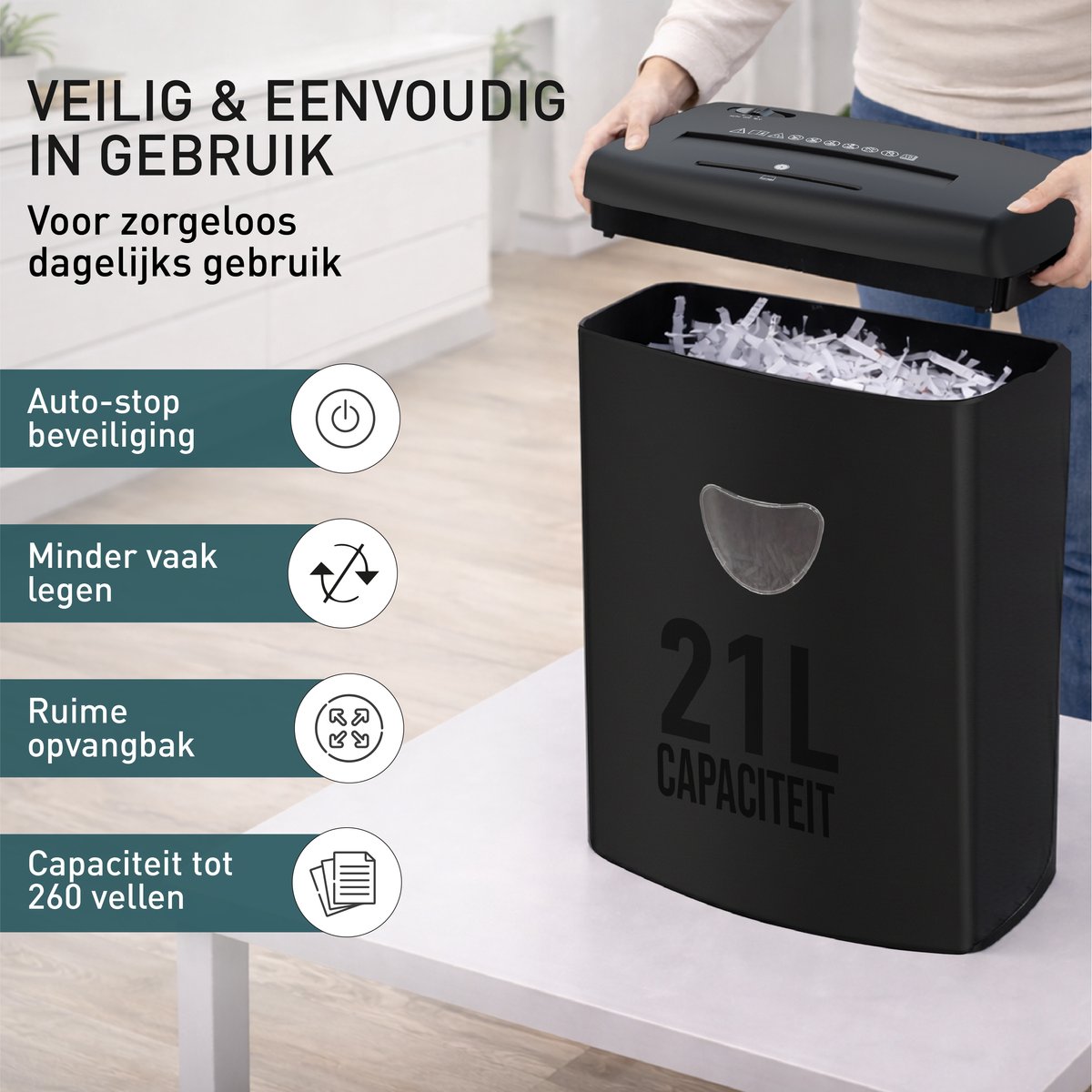Papierversnipperaar 21 L – auto-stop en ruime opvangbak