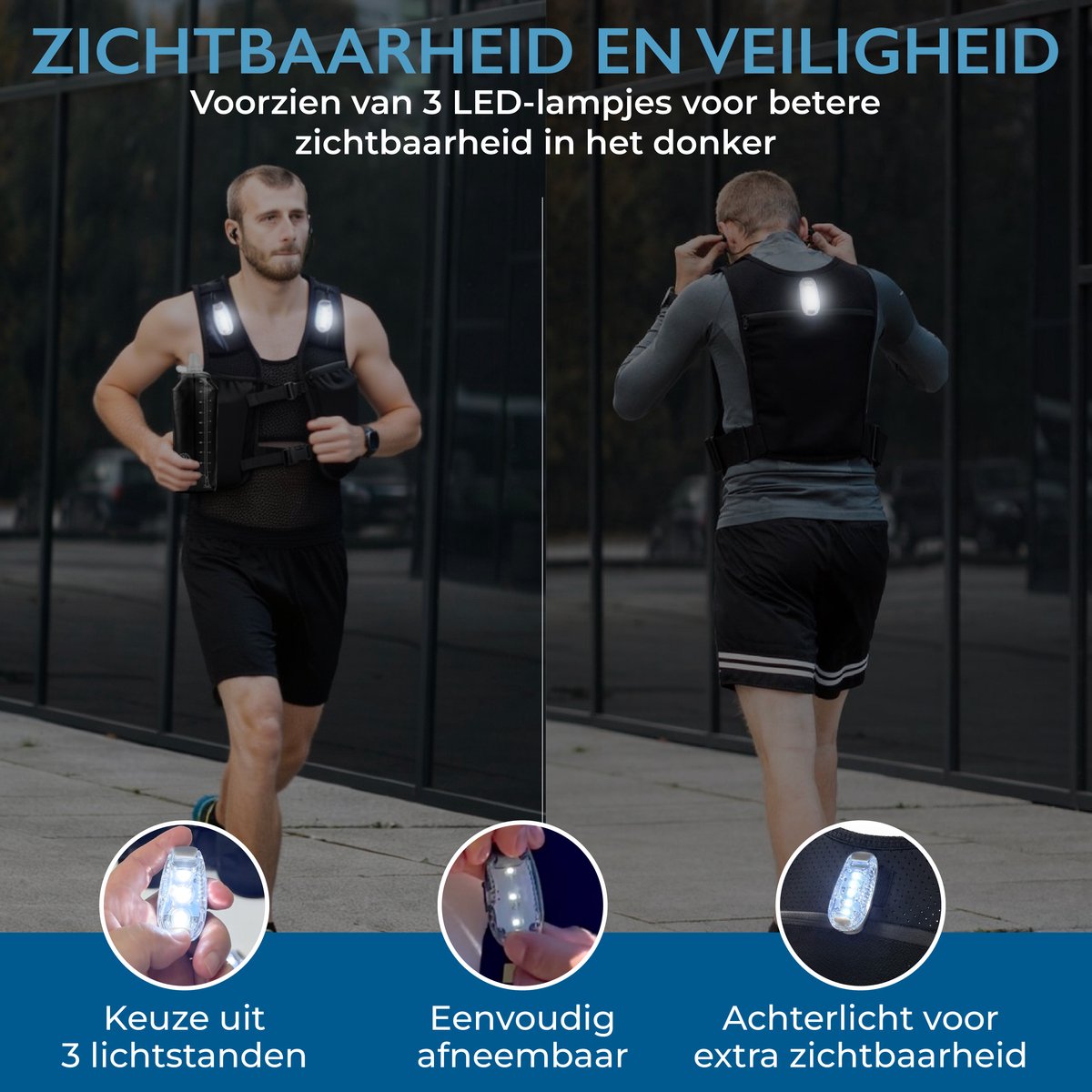 Hardloopvest – drie ledlampjes voor zichtbaarheid in het donker