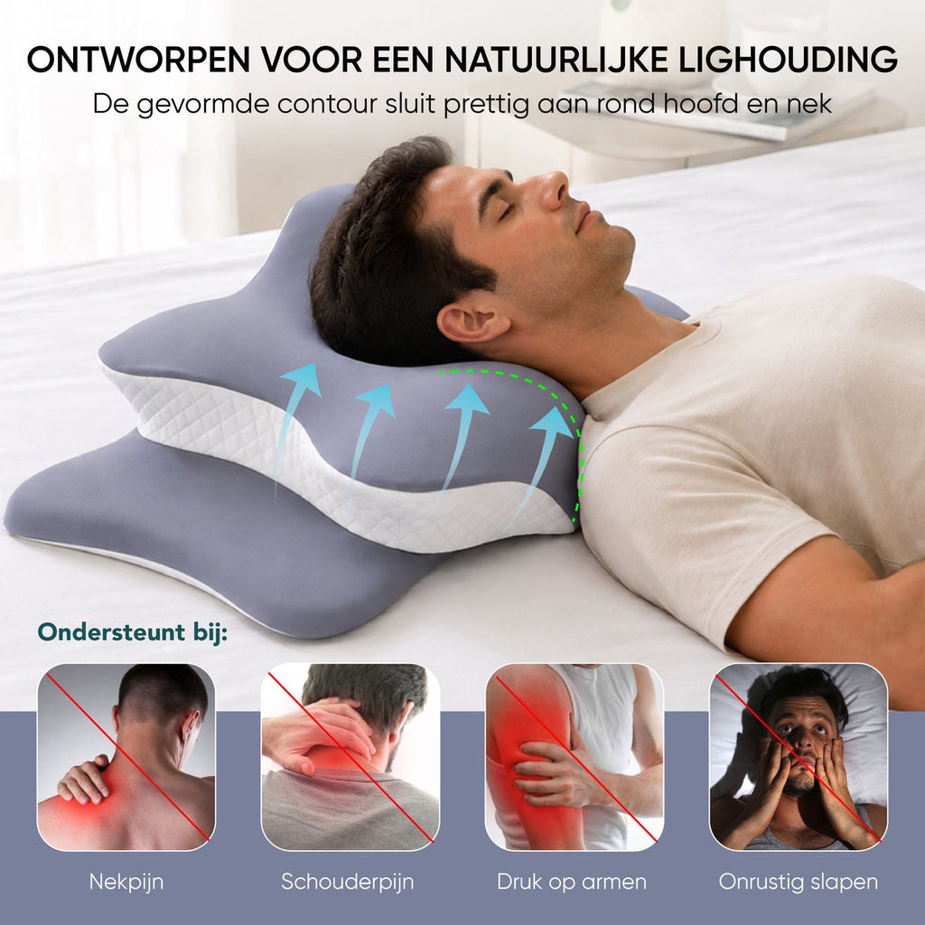 Man slaapt op het blauwgrijze hoofdkussen – ontworpen voor een natuurlijke lighouding