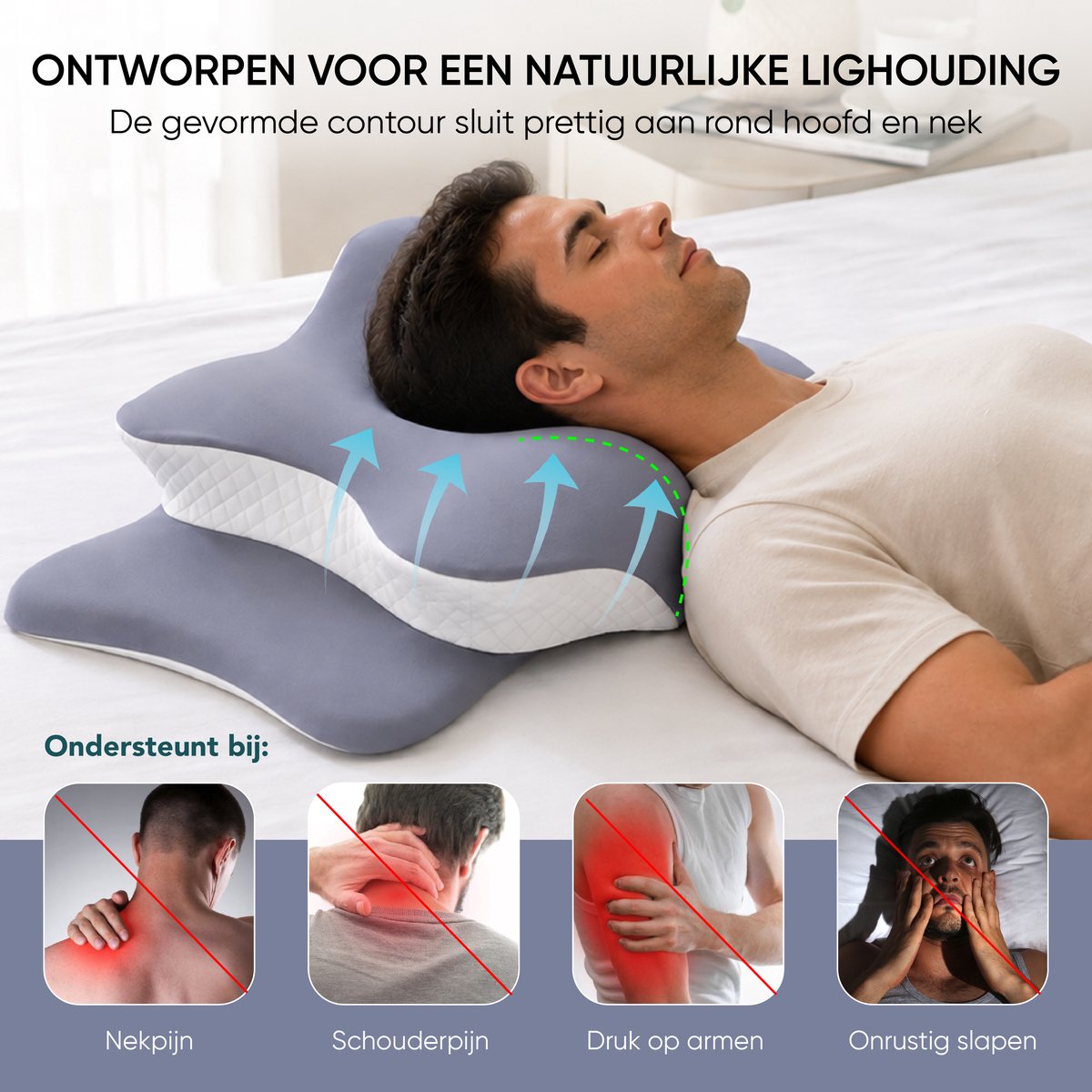 Man slaapt op het blauwgrijze hoofdkussen – ontworpen voor een natuurlijke lighouding