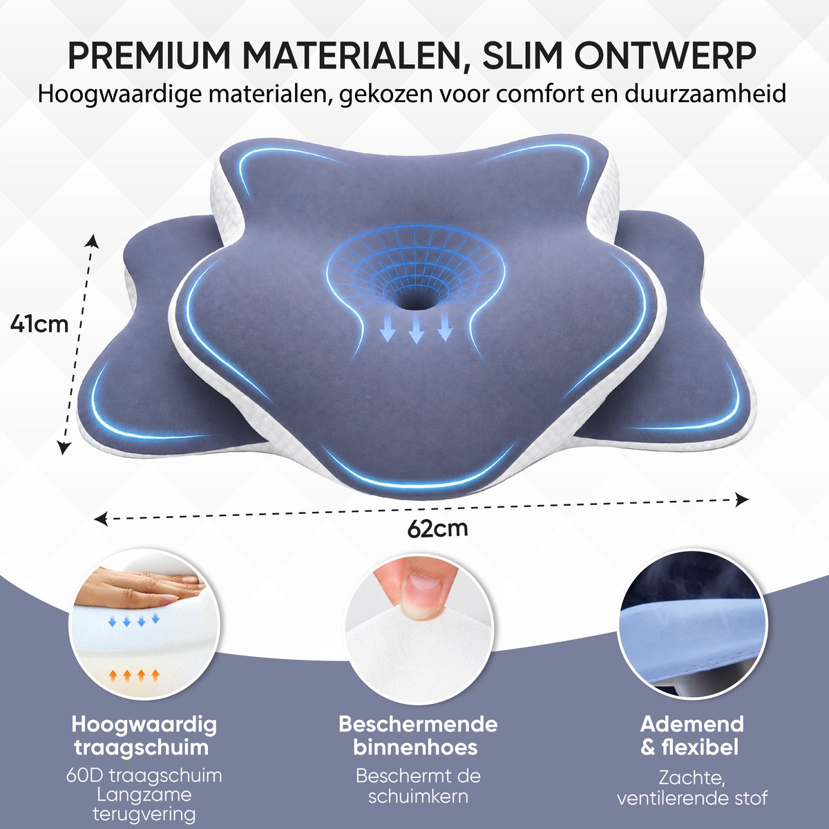 Blauwgrijs hoofdkussen – materialen en afmetingen