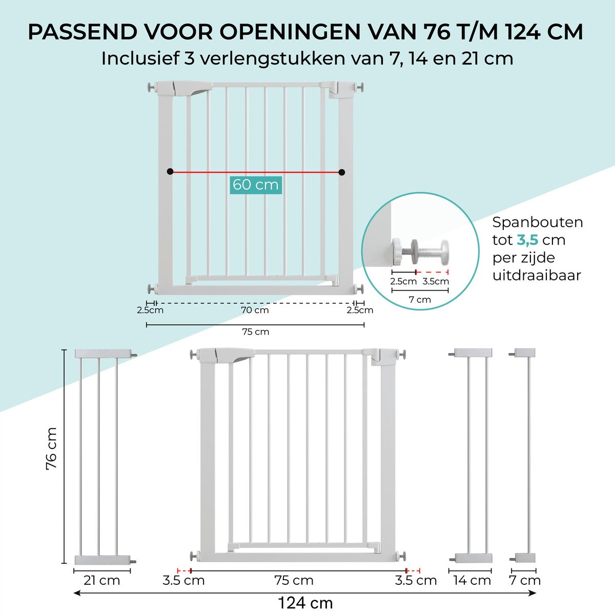 Wit hondenhek – past in openingen van 76 t/m 124 cm, met afmetingen
