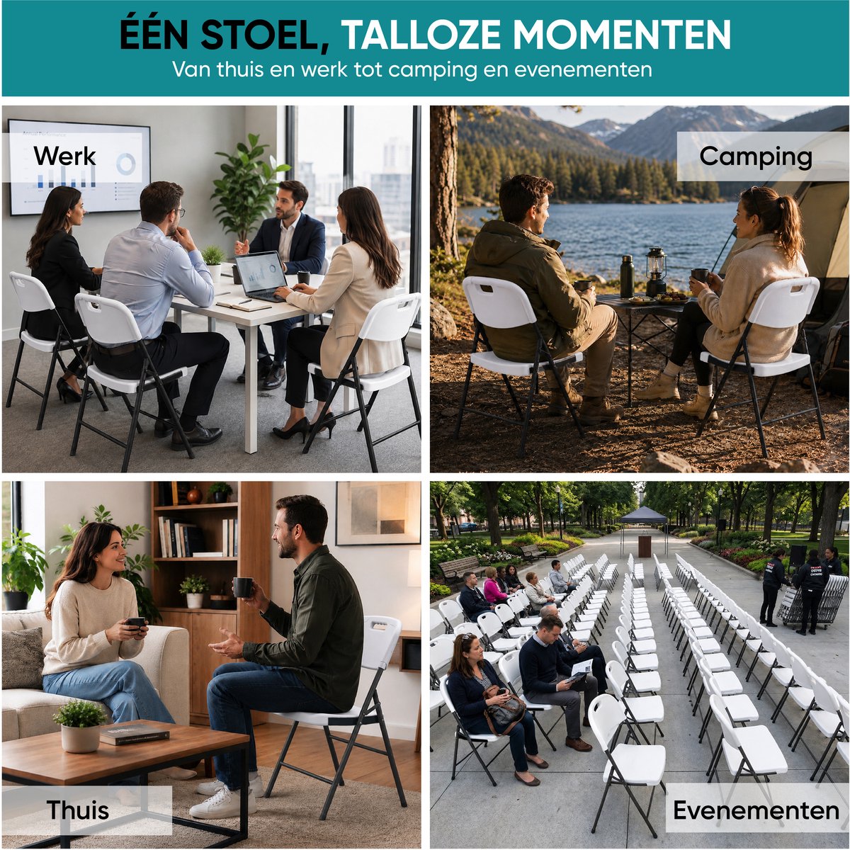 Witte klapstoelen bij werk, camping, thuis en evenementen