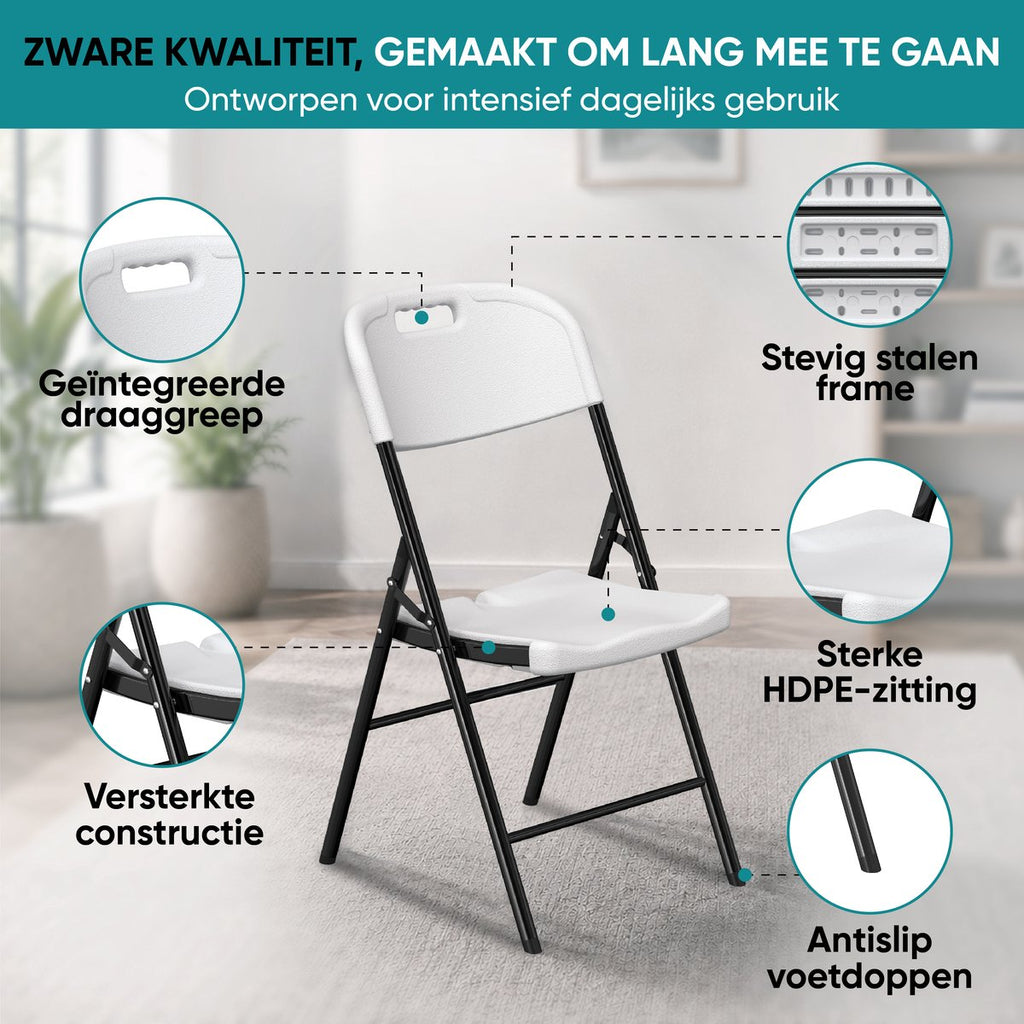 Witte klapstoel zware kwaliteit – draaggreep, stalen frame, HDPE-zitting en antislipdoppen