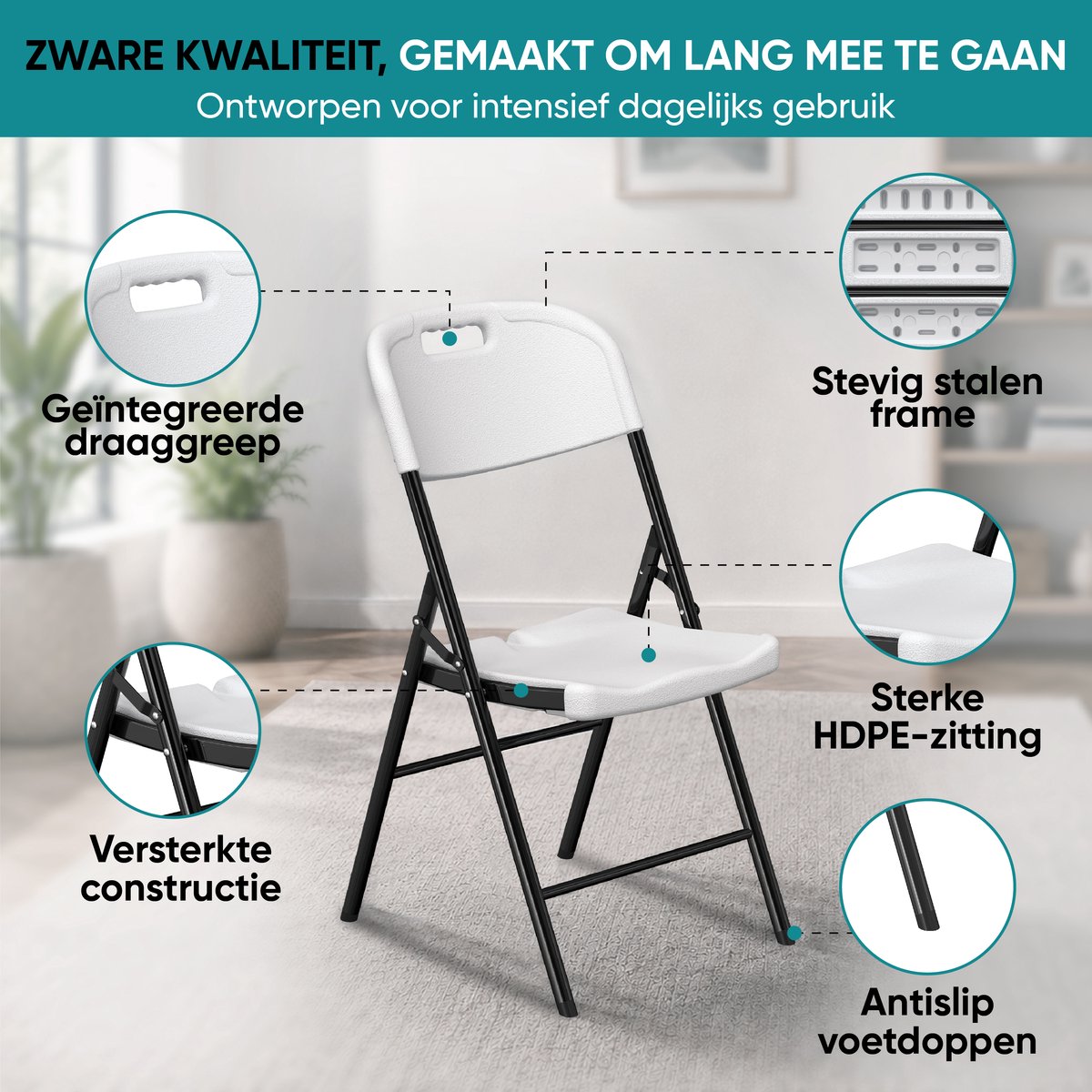 Witte klapstoel zware kwaliteit – draaggreep, stalen frame, HDPE-zitting en antislipdoppen