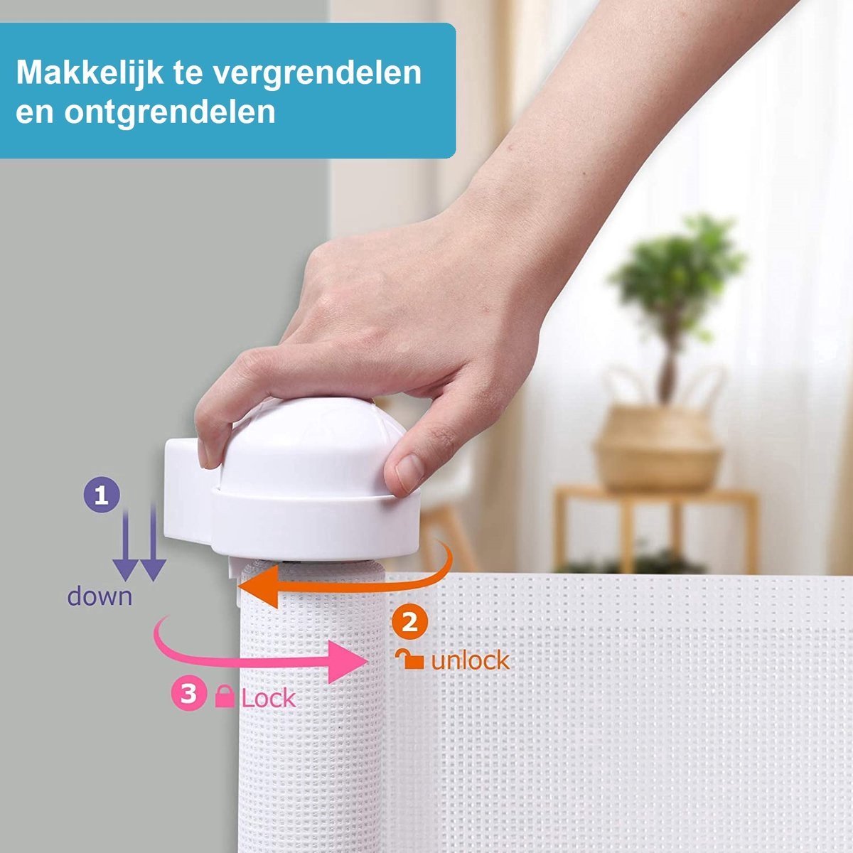 Wit oprolbaar hondenhekje – vergrendelen en ontgrendelen