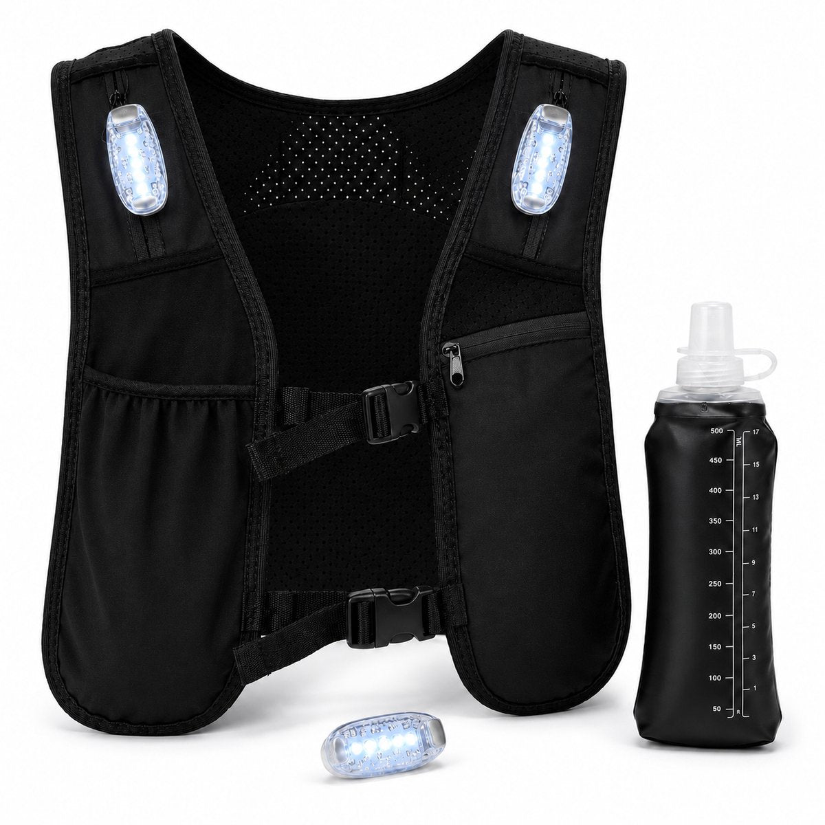 Zwart hardloopvest met ledlampjes en drinkfles