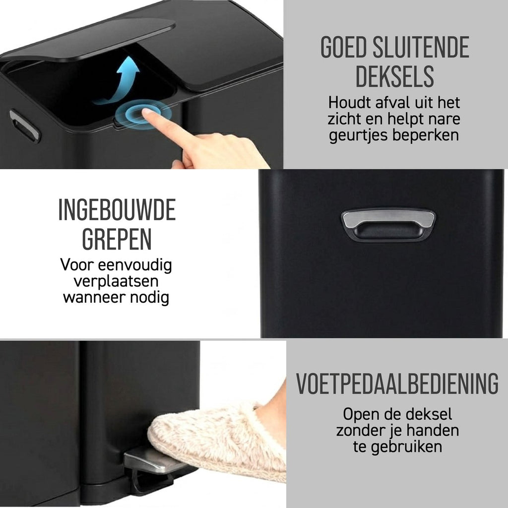Zwarte afvalscheider – sluitende deksels, ingebouwde grepen en voetpedaal