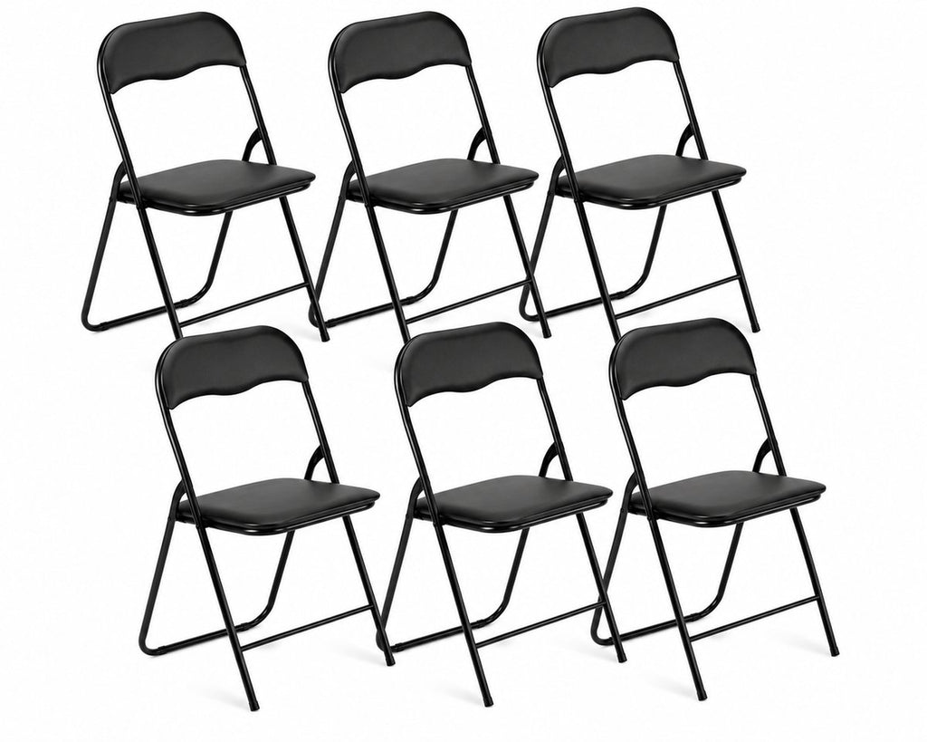 Zes zwarte klapstoelen met gestoffeerde zitting